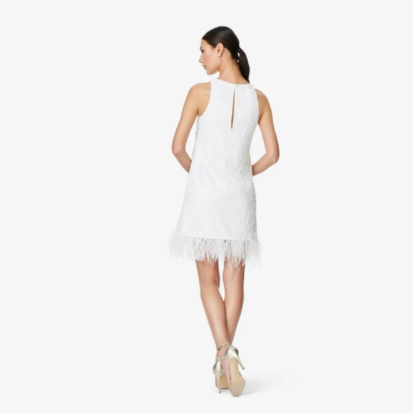 ADRIANNA PAPELL HAND-SEQUINED TRAPEZE HALTER DRESS WITH FEATHER TRIM IN IVORY - Picture 2 of 4